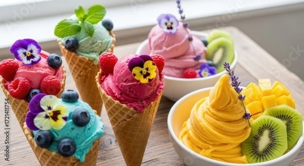 Fototapeta Colorful ice cream cones and bowls with fresh fruit on wooden table  