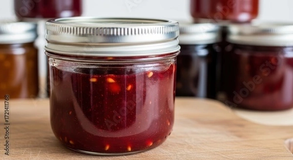 Fototapeta Jar of homemade raspberry jam on wooden board with shelves behind  