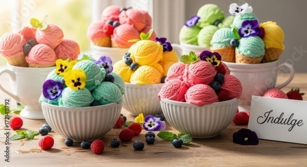 Fototapeta Colorful ice cream scoops adorned with flowers and berries  