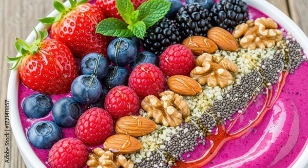 Fototapeta Colorful smoothie bowl topped with fresh fruits and nuts  
