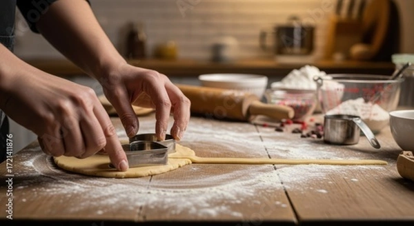 Fototapeta Hands creating cookie shapes while baking in a cozy kitchen  