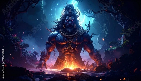 Fototapeta Lord Shiva Silhouette Against Cosmic Galaxy Background - Divine Hindu Deity with Trident and Crescent Moon, Spiritual and Mythological Concept

