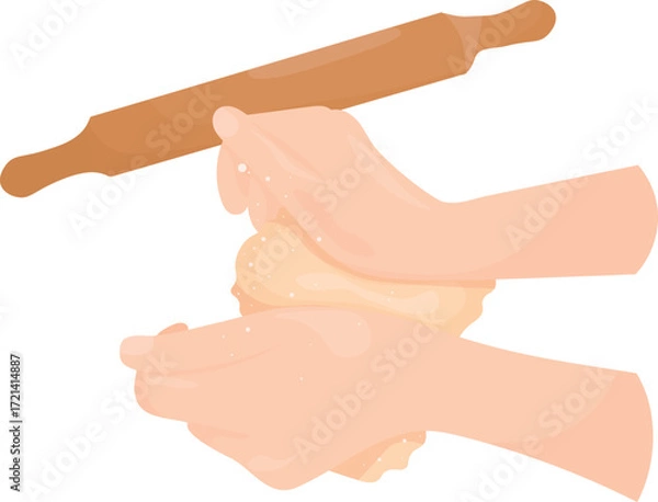 Fototapeta  Hands kneading dough. Dough with flour. Baking, bakery, cooking, sweets, dessert, baking concept. Isolated vector illustrations for posters, banners, postcards, and advertisements.