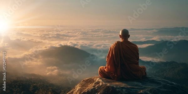 Obraz Back view, a bald Buddhist monk in an orange robe meditates on a mountain rock, facing a sea of clouds at sunrise. A surreal, ultra-realistic scene of mindfulness, calm, and inner peace. Generative Ai