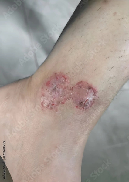 Fototapeta Closeup texture and condition of an eczema rash on an ankle.