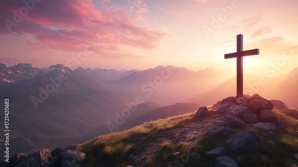Fototapeta A majestic illustration of a wooden cross silhouetted on a rocky mountaintop at sunrise, overlooking a vast range of misty mountains, sky is filled with soft clouds touched by the morning sun