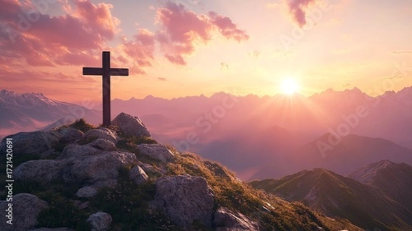 Fototapeta A majestic illustration of a wooden cross silhouetted on a rocky mountaintop at sunrise, overlooking a vast range of misty mountains, sky is filled with soft clouds touched by the morning sun
