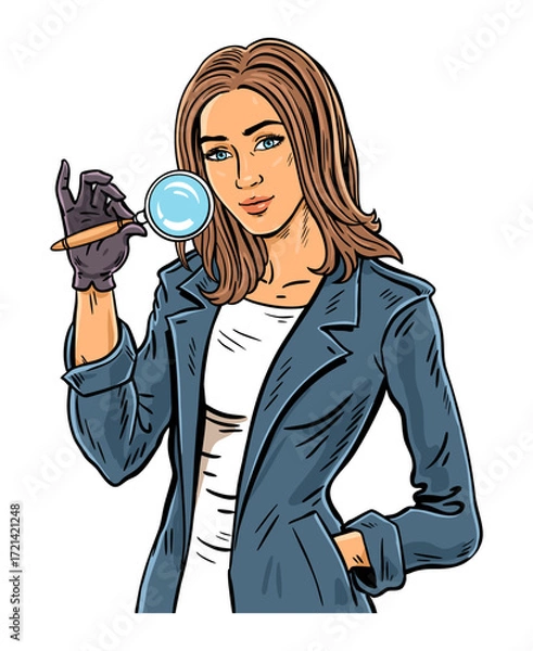 Obraz Female detective with magnifier isolated vector illustration