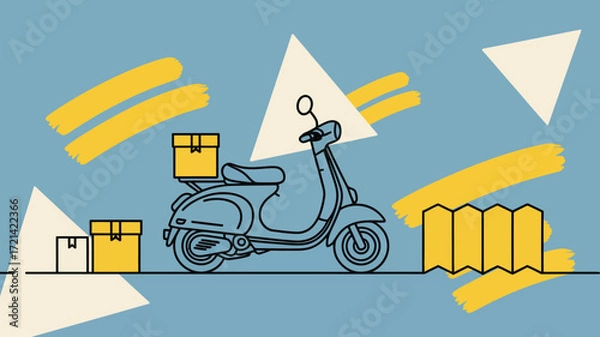 Fototapeta A delivery scooter with boxes and yellow brush strokes against a blue and white geometric background