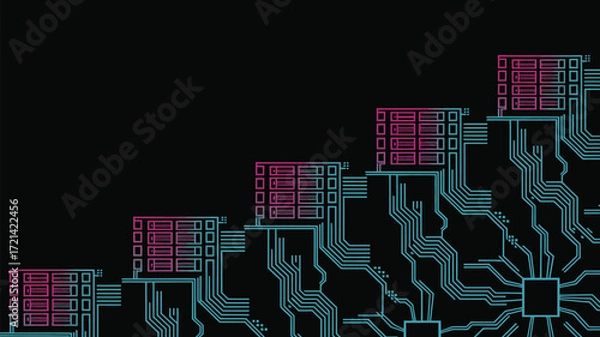 Fototapeta Abstract circuit board design with pink and blue elements on a black background in a digital style