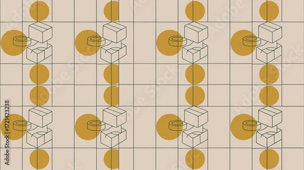 Fototapeta Repeated pattern of outlined geometric shapes and solid circles on a grid background in earth tones