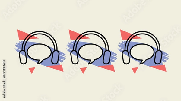 Fototapeta Three headphone icons with speech bubbles on a background with brush strokes and red triangles