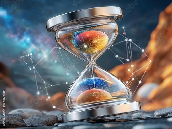 Obraz Cosmic hourglass containing interconnected future timeline digital worlds measuring the flow future timeline of time and knowledge across a vibrant star-filled future timeline universe