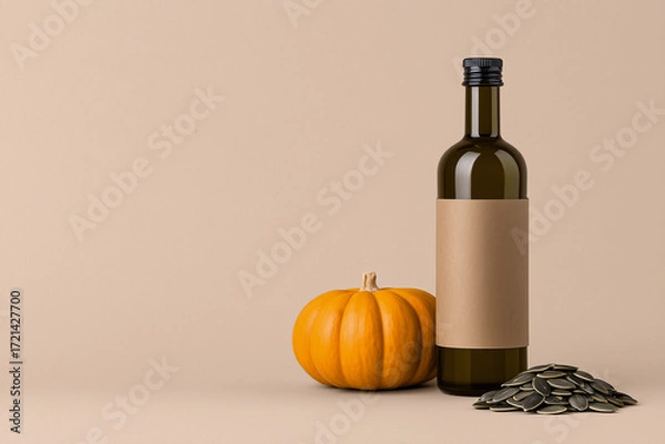Fototapeta A bottle of oil with a blank label, a pumpkin and a handful of pumpkin seeds, copy space
