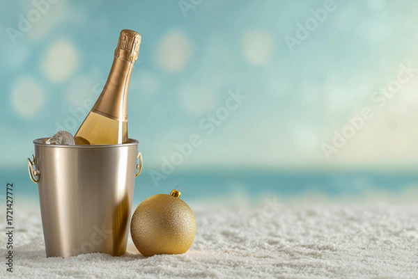 Fototapeta A bottle of champagne in an ice bucket standing in the sand, next to a golden Christmas tree ball on a blurred sea background with copy space
