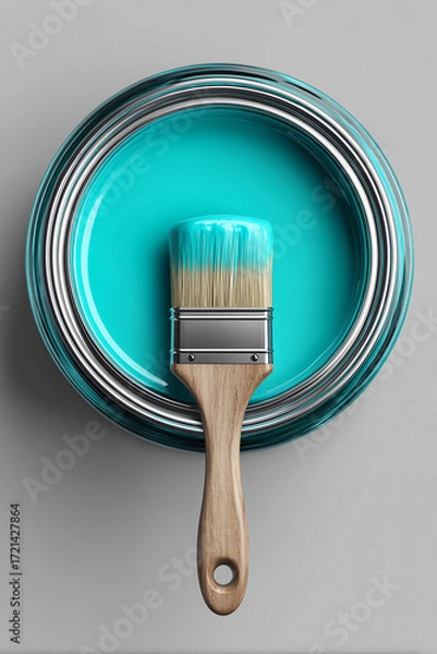 Fototapeta A top view of a can of turquoise paint and a brush partially dipped in the paint