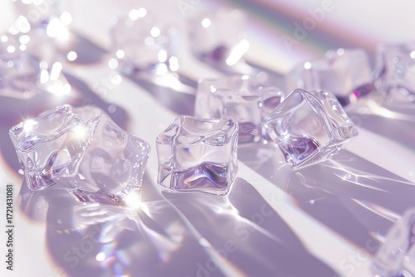 Fototapeta Ice cubes are sparkling on a reflective surface with purple lighting, creating a cool and refreshing atmosphere