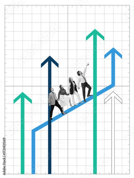 Fototapeta Creative collage. Business people climbing arrows of growth with determination and teamwork. Concept of career success, digital transformation projects, corporate motivation and leadership development