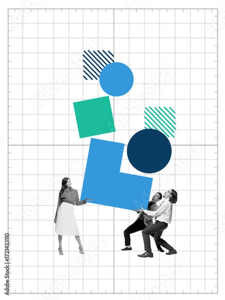 Fototapeta Surreal collage art. Business team balancing colorful geometric shapes with collaboration and effort. Concept of teamwork, corporate problem solving, design thinking, and strategic innovation.