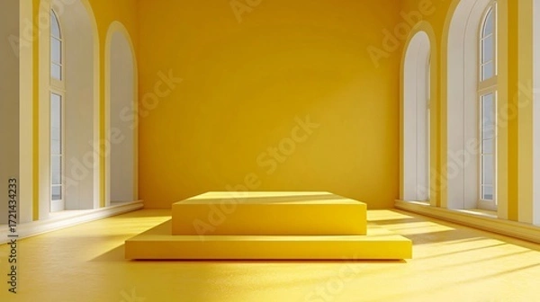 Fototapeta Minimalist yellow studio interior with sunlight and geometric podium for product display or modern presentation background
