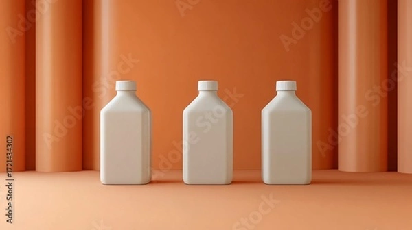 Fototapeta Minimalist orange studio scene with bottles on podium for cosmetic or skincare product presentation