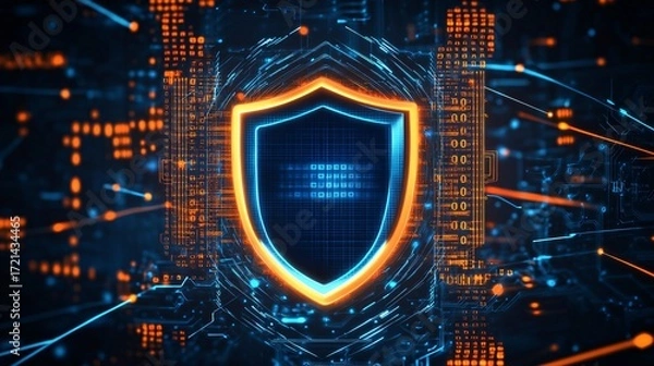 Fototapeta Digital cyber security shield icon with futuristic technology background and glowing network connections