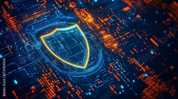 Fototapeta Futuristic glowing cyber security shield with digital data network background for technology protection concept