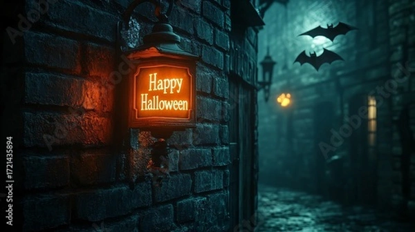 Fototapeta Dark spooky Halloween alley with glowing Happy Halloween sign on wall in mysterious night atmosphere