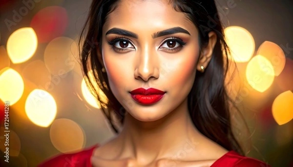 Obraz Close-up portrait of a woman with elegant makeup and a red dress