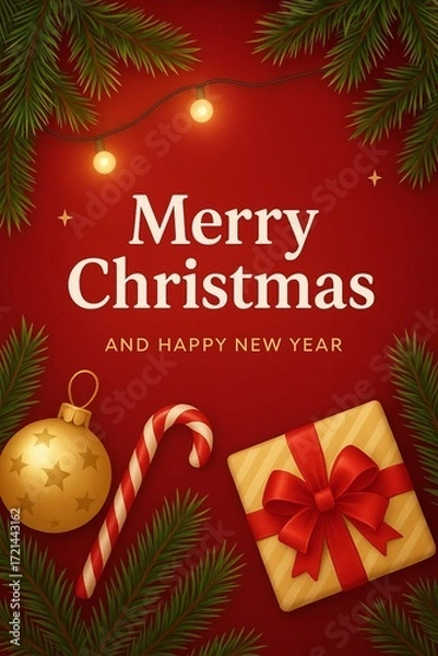 Fototapeta Festive Merry Christmas and Happy New Year card with red background, golden ornament, candy cane, and wrapped gift.
