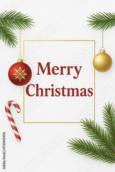 Fototapeta Elegant Merry Christmas card with gold frame, red and gold ornaments, and festive holiday elements on white background.
