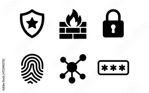 Fototapeta Digital security icon set featuring firewall, lock, fingerprint, and password elements for web and graphic design