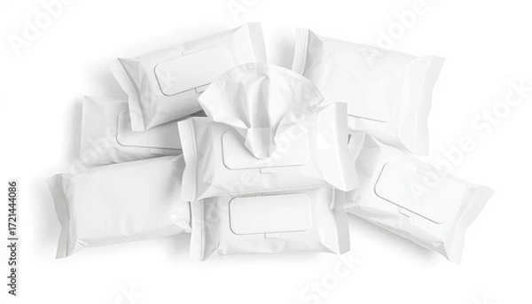 Fototapeta Several sealed flow packs of white wet wipes, isolated on white,  freshness,  tissue