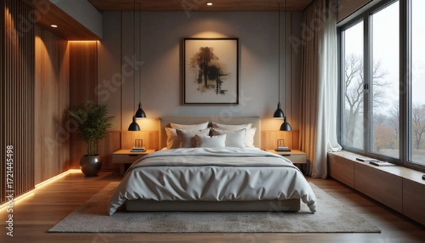 Fototapeta Luxurious Modern Bedroom with Warm Ambient Lighting and Elegant Wooden Accents, Featuring a Plush King-Size Bed and Serene Window View of Winter Trees, Creating a Tranquil and Inviting Retreat