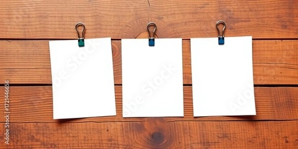 Fototapeta Three blank paper notes with clips on rustic wood background,   surface,   information