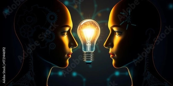 Fototapeta Two human profiles linked by intricate gears and a glowing lightbulb,  innovation,   exchange