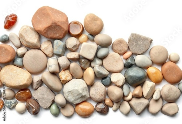Fototapeta Varied smooth and rough stones, diverse shapes and sizes, isolated on pure white,   different stones,  texture