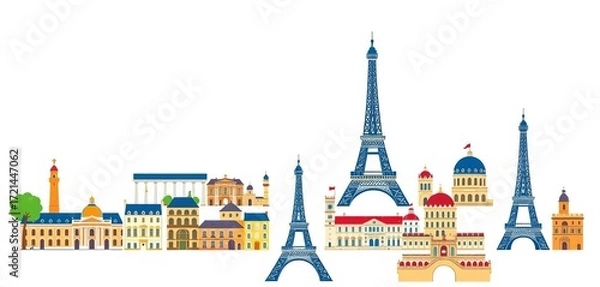 Fototapeta Vector icons of famous French cities, isolated on white background,  element,  tourism