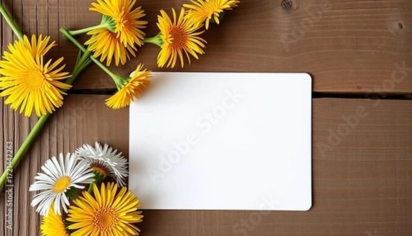 Fototapeta Vertical close-up of blank greeting card mockup on rustic wooden surface, adorned with dandelions,  dandelions,  blank