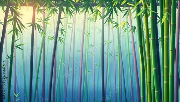 Fototapeta Vibrant cartoon bamboo forest, lush green stalks, misty background, Asian style, sky, pattern