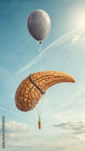 Fototapeta Realistic Human Pancreas Floating in Sky with Balloon String. Anatomical Organ Artwork Showing Detailed Pancreas Structure. Surreal Medical Concept Illustration of Human Pancreas Suspended in Air.
