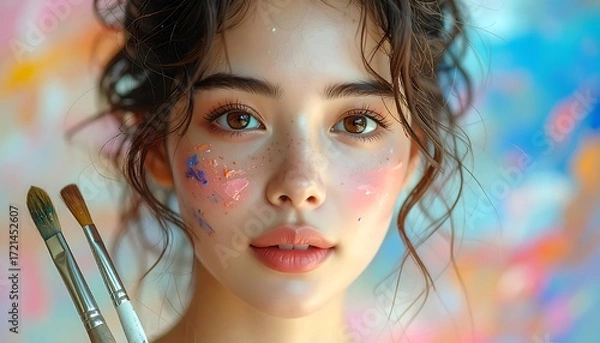 Obraz Close-up portrait of a young woman with paint on her face