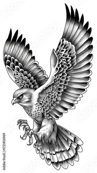 Fototapeta Detailed black and white illustration of a majestic falcon in flight, showcasing intricate feather details and powerful stance.