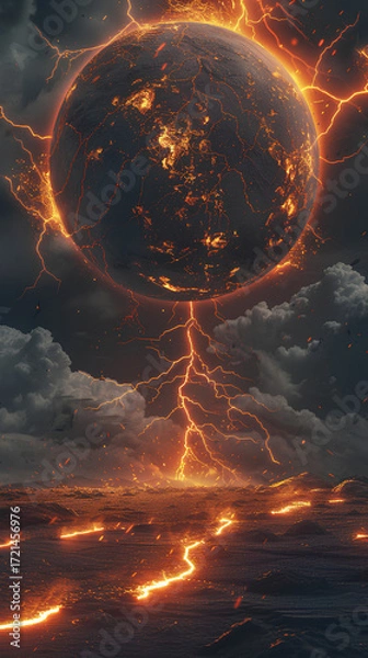 Fototapeta Planet in Turmoil: Witness a planet in fiery chaos, where molten land cracks and erupts, as searing lightning bolts connect it to the turbulent atmosphere.
