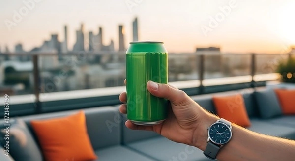 Obraz Person holding a green soda can on a rooftop patio at sunset.