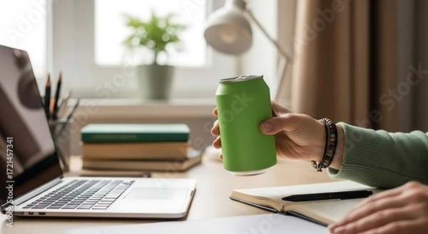 Obraz Person holding a green soda can, working on a laptop at a desk.