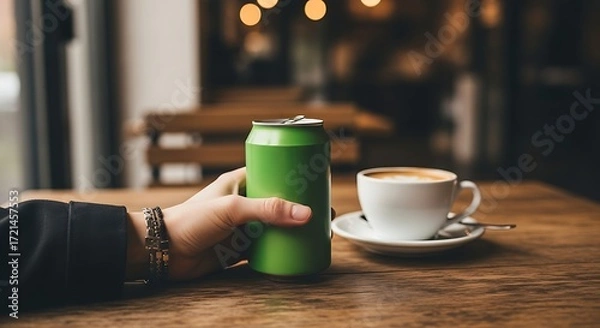 Obraz Person holding green can next to coffee.