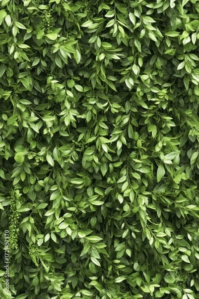 Fototapeta Lush green leaves create a dense, cascading vertical garden pattern with delicate tendrils and small seed pods.
