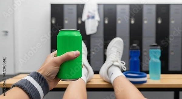 Obraz Person Relaxing in Locker Room with Drink and Shoes.