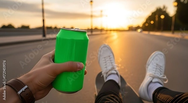 Obraz Person Relaxing Outdoors with a Green Soda Can.